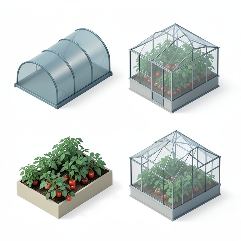 AI-generated conceptual illustration (Protected agricultural structures for vegetable cultivation). It explains the idea and does not show study data.