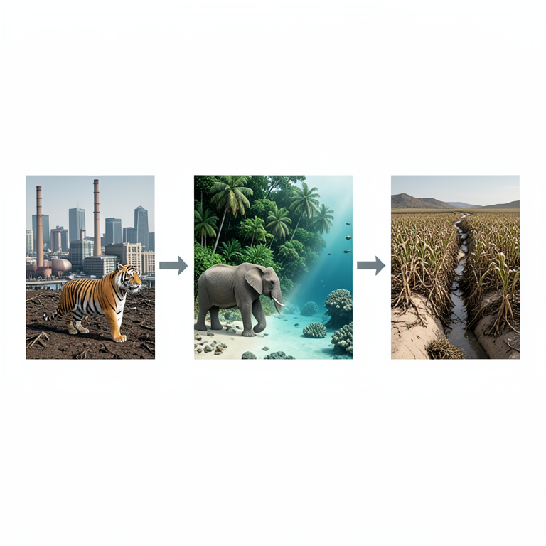 AI-generated conceptual illustration (Indian biodiversity including Bengal tigers, Asian elephants, Western Ghats forests, and coral reefs). It explains the idea and does not show study data.
