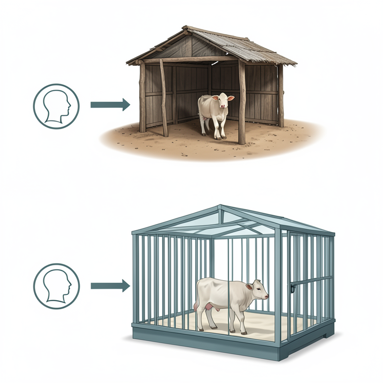 AI-generated conceptual illustration (Holstein-Friesian calves in Kenyan dairy farm settings). It explains the idea and does not show study data.