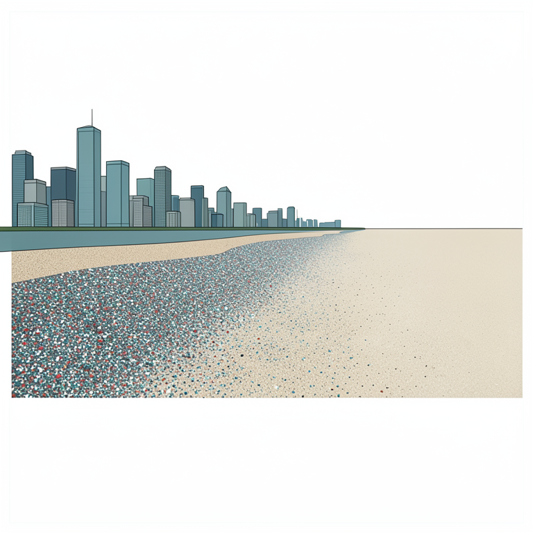 AI-generated conceptual illustration (Rhine river freshwater sediments and microplastic particles). It explains the idea and does not show study data.