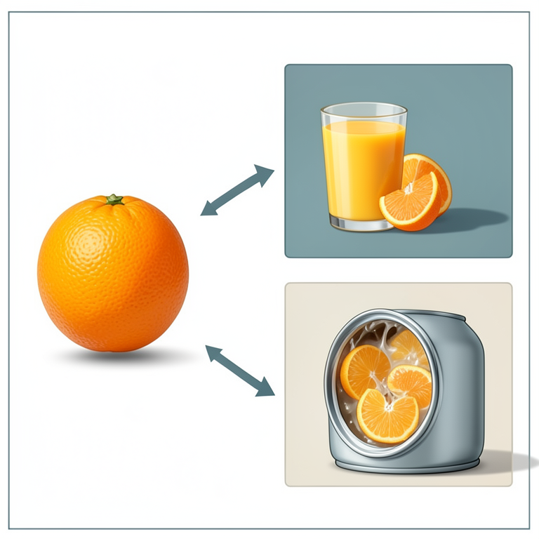 AI-generated conceptual illustration (Fresh oranges and processed orange products). It explains the idea and does not show study data.