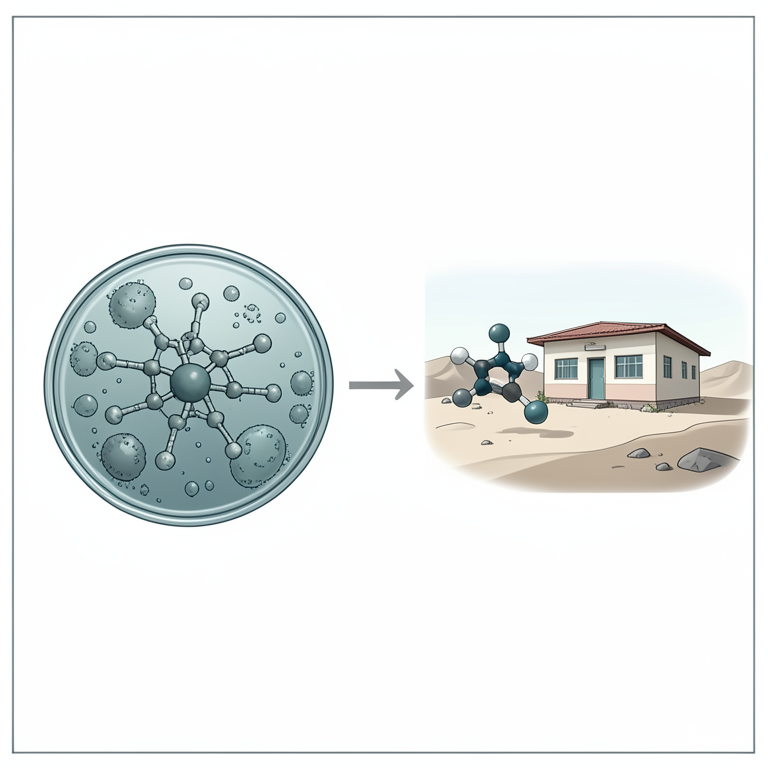 AI-generated conceptual illustration (quinolone-heterocycle hybrid molecules and a rural medical clinic). It explains the idea and does not show study data.