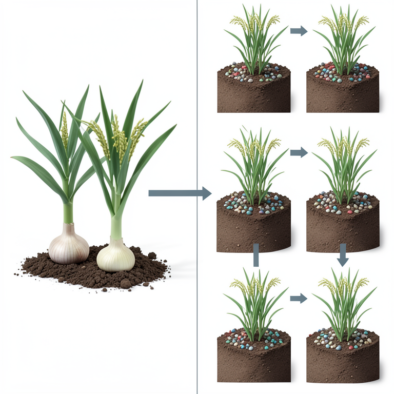 AI-generated conceptual illustration (Garlic plants and B.Aman rice plants in soil). It explains the idea and does not show study data.