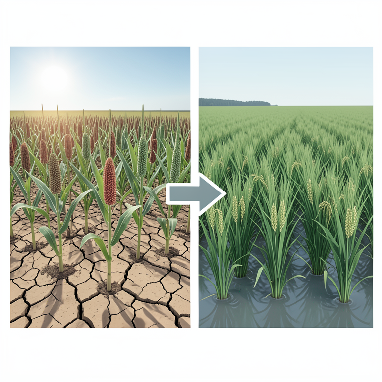 AI-generated conceptual illustration (Sorghum, pearl millet, and finger millet crops compared to rice and wheat crops in an Indian agricultural landscape). It explains the idea and does not show study data.