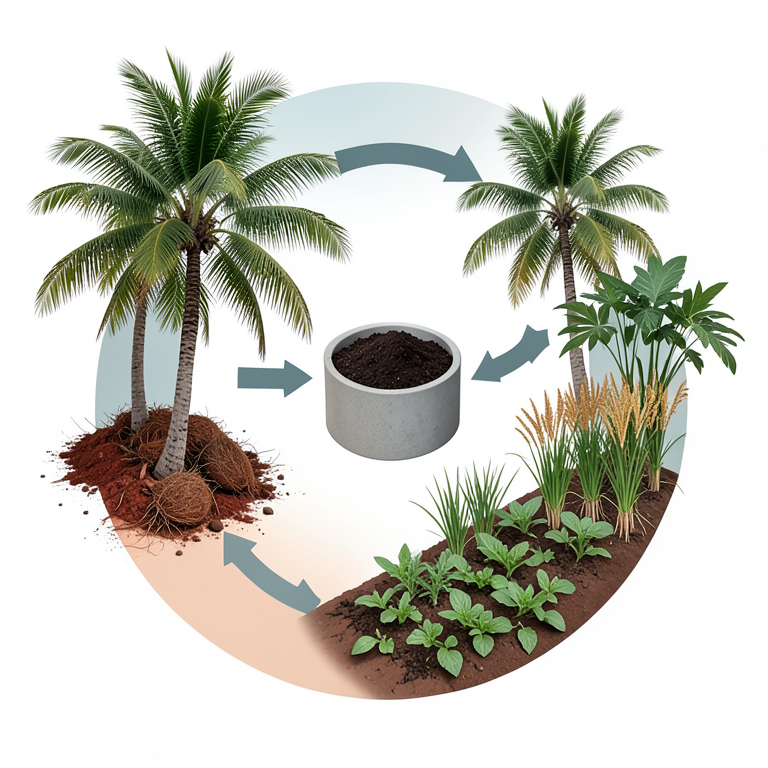 AI-generated conceptual illustration (Coconut palms intercropped with millet and vegetables in red loamy soil). It explains the idea and does not show study data.
