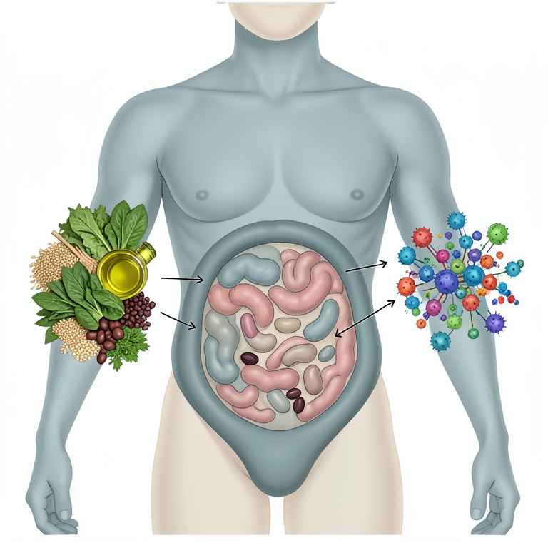 AI-generated conceptual illustration (human abdominal anatomy and diverse food groups). It explains the idea and does not show study data.
