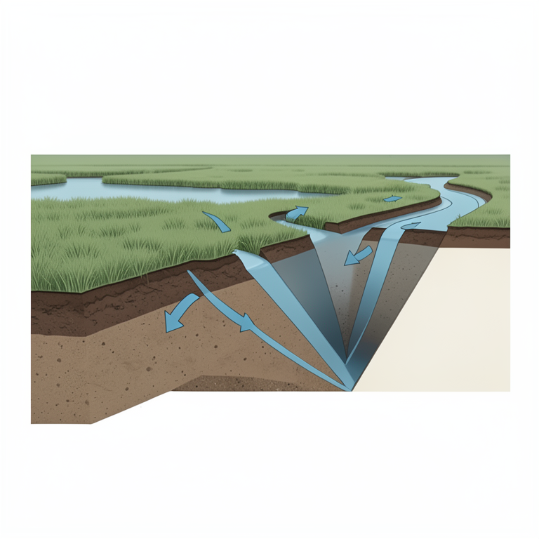 AI-generated conceptual illustration (Danube delta lowland wetland cross-section). It explains the idea and does not show study data.