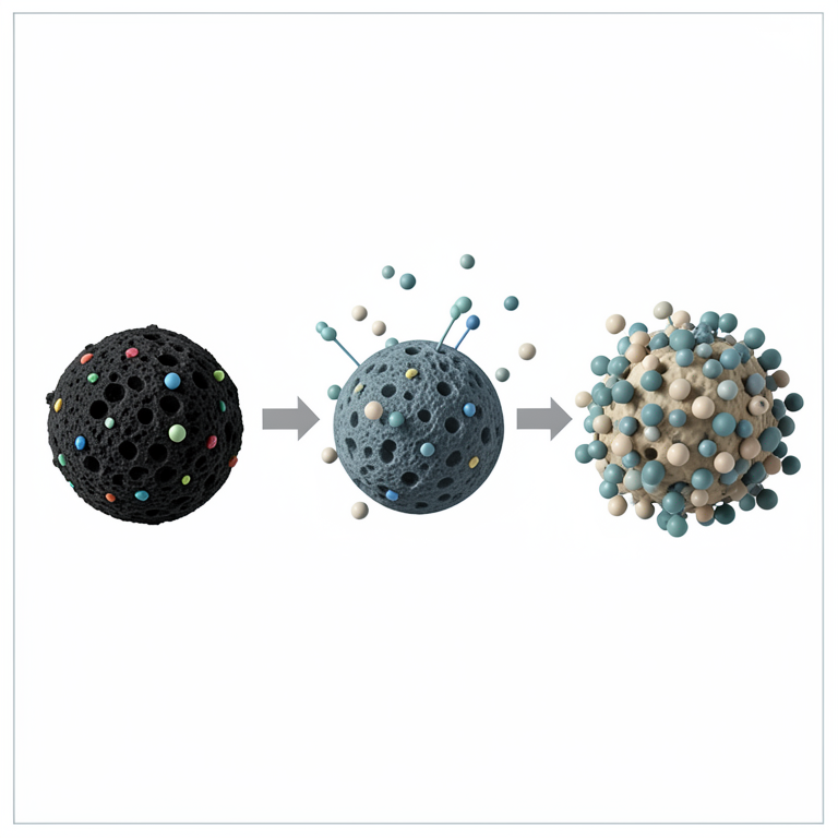 AI-generated conceptual illustration (nanoscale activated carbon particles and pesticide molecules). It explains the idea and does not show study data.