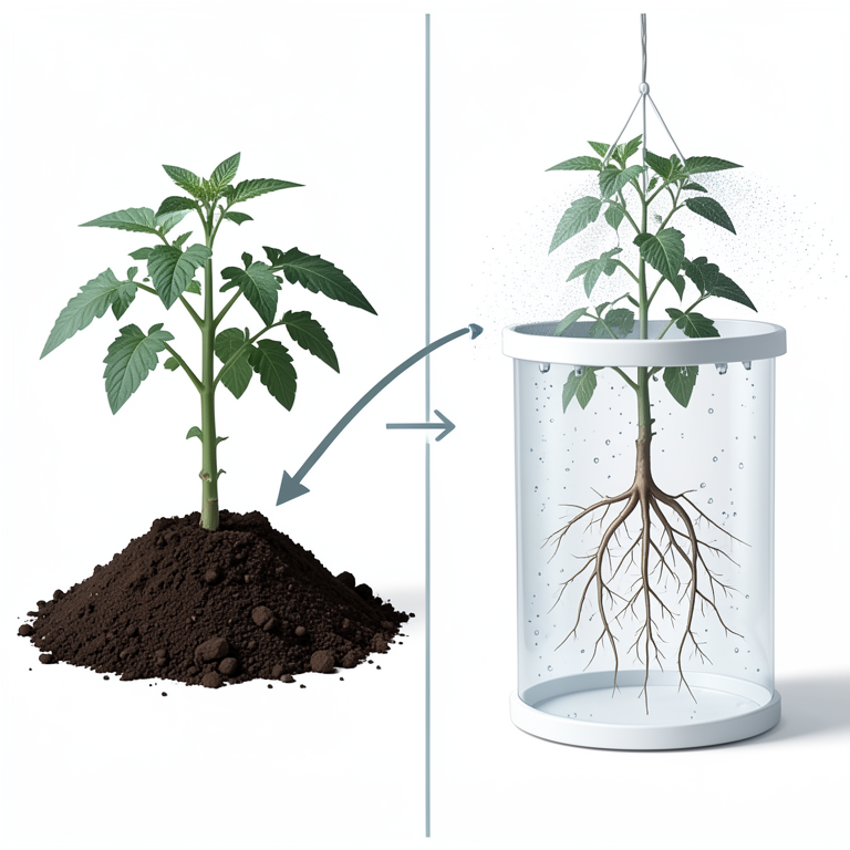 AI-generated conceptual illustration (Tomato plants in aeroponic and soil systems). It explains the idea and does not show study data.