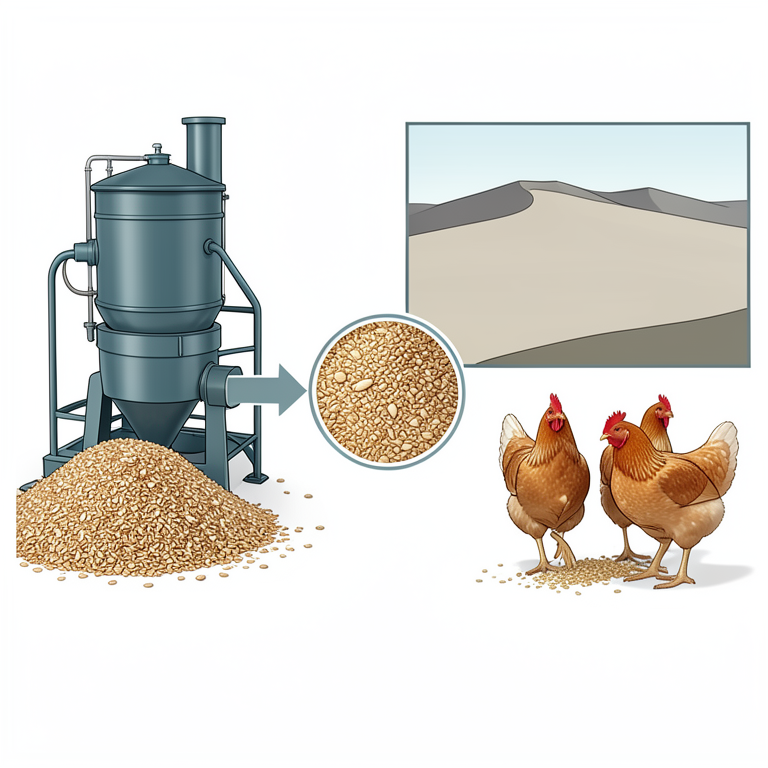 AI-generated conceptual illustration (broiler chickens and cereal processing waste). It explains the idea and does not show study data.