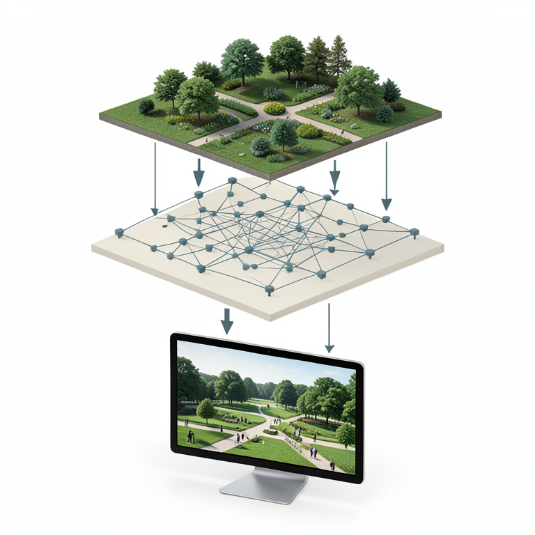 AI-generated conceptual illustration (A virtual reality landscape design software system). It explains the idea and does not show study data.
