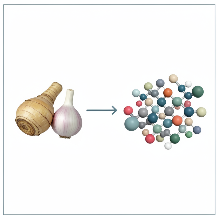 AI-generated conceptual illustration (Curcuma longa (turmeric) and Allium sativum (garlic) rhizomes and bulbs). It explains the idea and does not show study data.