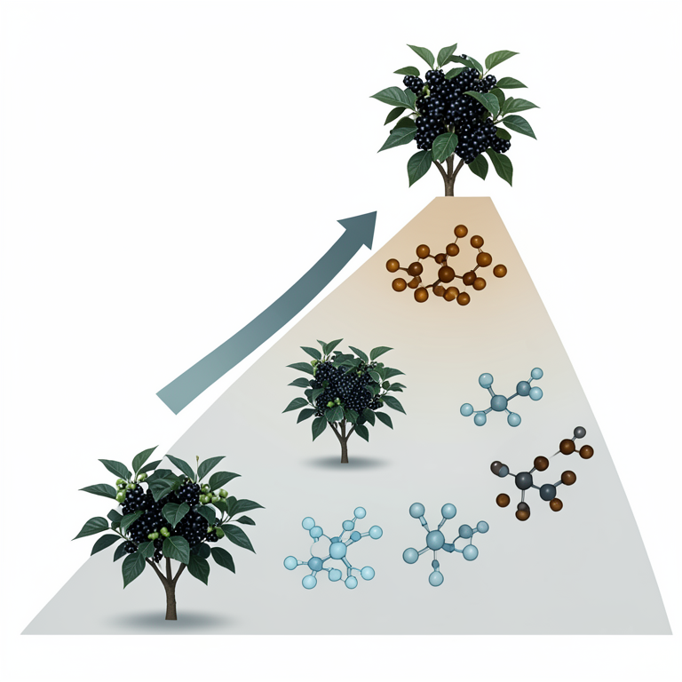 AI-generated conceptual illustration (Piper nigrum (black pepper) plants on a mountain slope). It explains the idea and does not show study data.