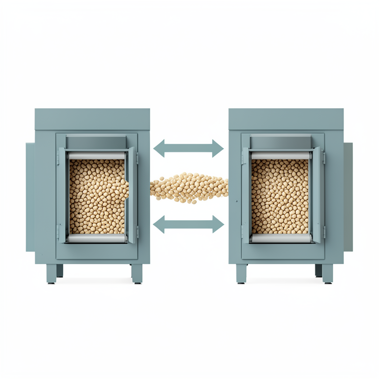 AI-generated conceptual illustration (maize kernels in a double-pass dryer). It explains the idea and does not show study data.