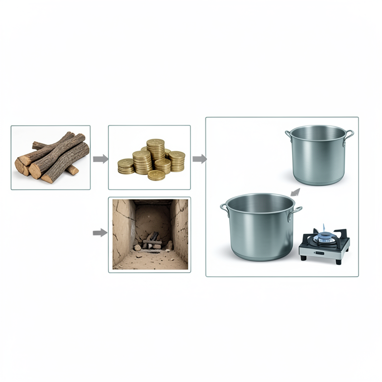 AI-generated conceptual illustration (Rural Indian household kitchen setting with LPG stoves and traditional cooking tools). It explains the idea and does not show study data.