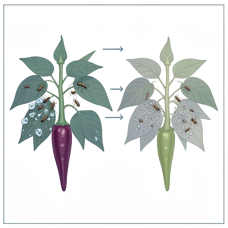 AI-generated conceptual illustration (Brinjal and chilli plants infested with Aphis gossypii aphids). It explains the idea and does not show study data.