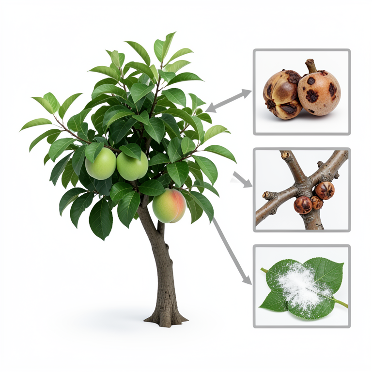 AI-generated conceptual illustration (peach tree (Prunus persica)). It explains the idea and does not show study data.