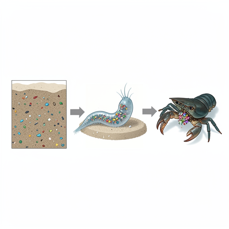AI-generated conceptual illustration (marine sediment, polychaete worms, and shore crabs). It explains the idea and does not show study data.