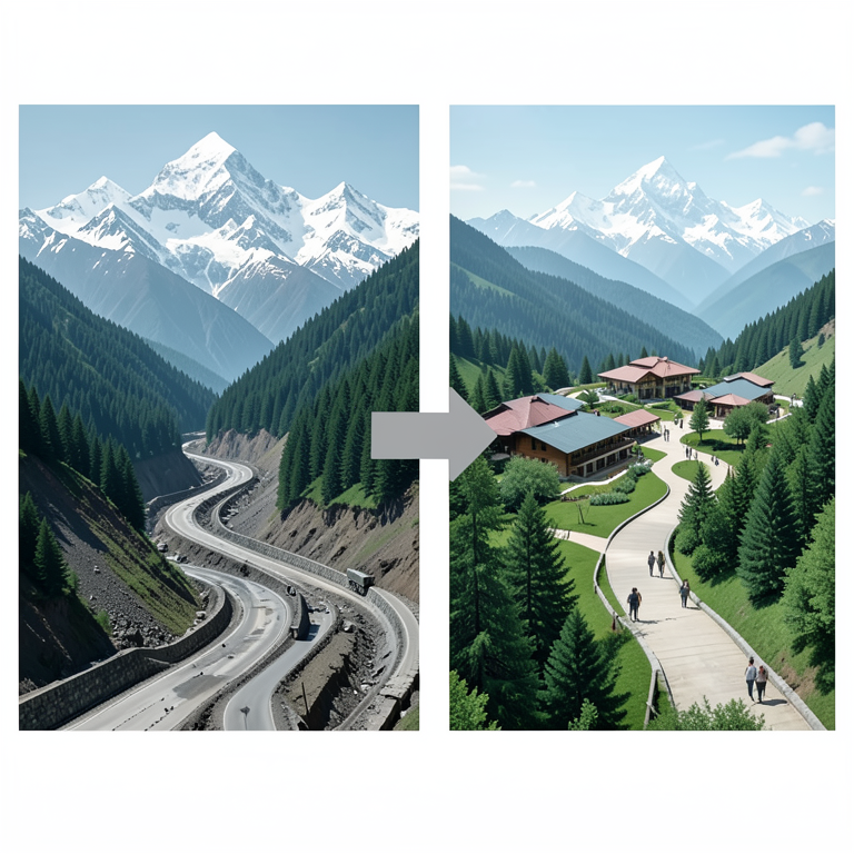 AI-generated conceptual illustration (The Kumaun region of Uttarakhand, featuring Himalayan mountain peaks, pine forests, and traditional hill-station stone g). It explains the idea and does not show study data.