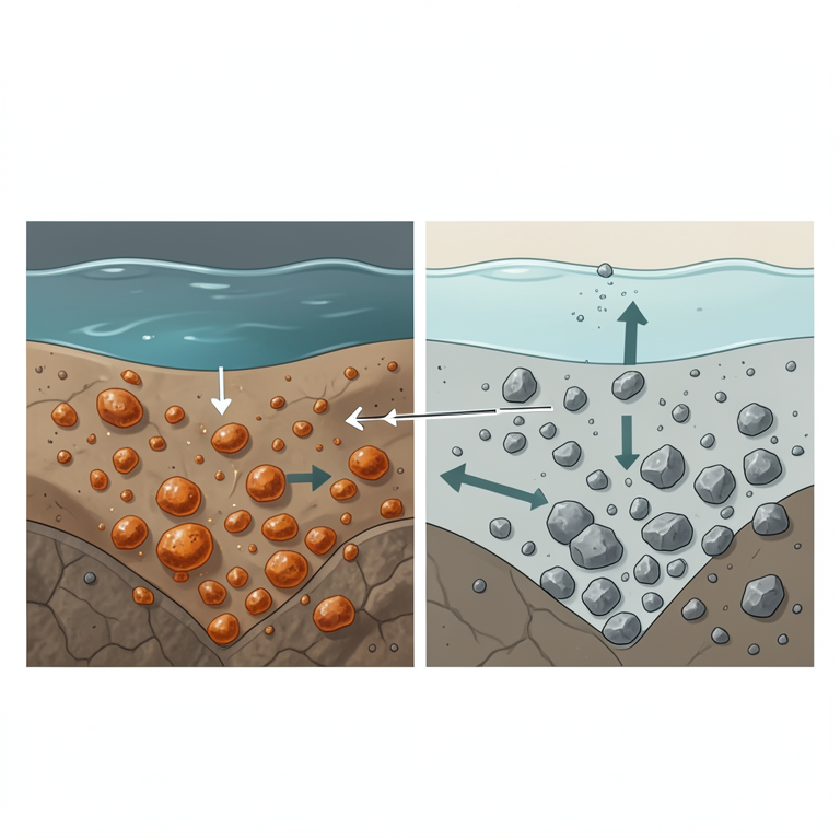 AI-generated conceptual illustration (groundwater aquifers with iron oxyhydroxide and sulfide mineral deposits). It explains the idea and does not show study data.