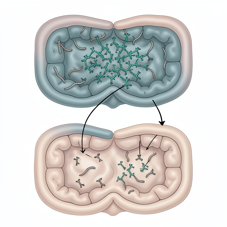 AI-generated conceptual illustration (human intestinal lining and Enterobius vermicularis pinworms). It explains the idea and does not show study data.