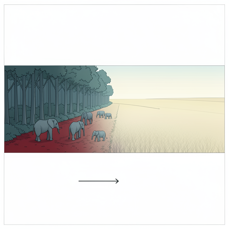 AI-generated conceptual illustration (African elephants and rural farmland in a protected area buffer zone). It explains the idea and does not show study data.
