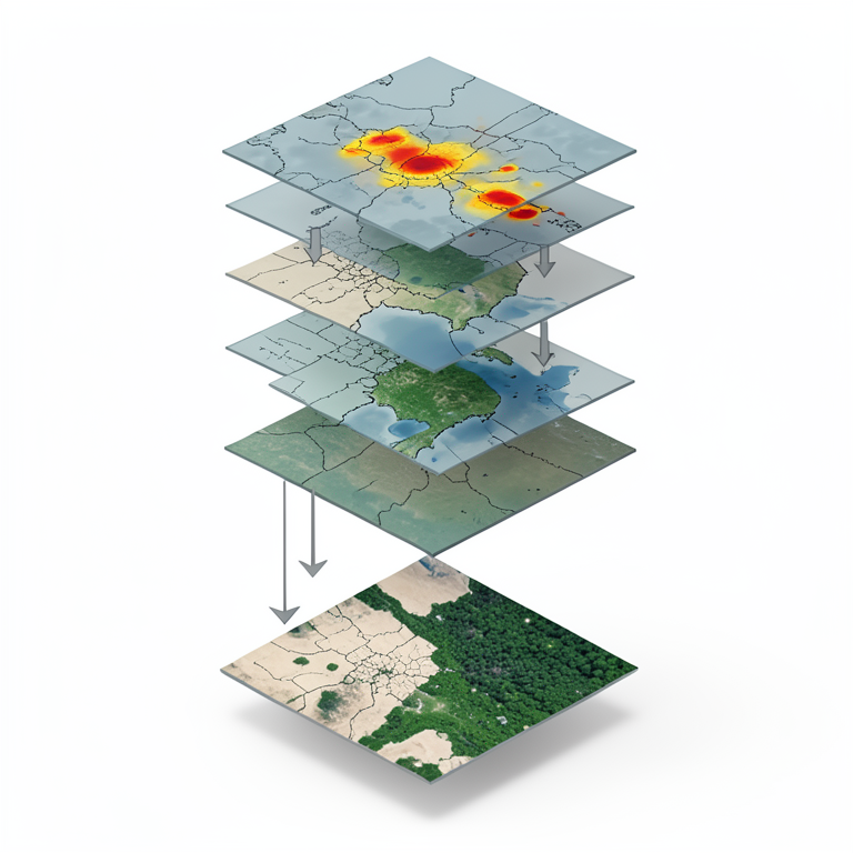 AI-generated conceptual illustration (Topographic and climatic map layers of Chamarajanagar District). It explains the idea and does not show study data.