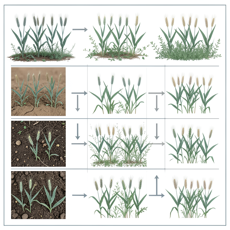AI-generated conceptual illustration (wheat plants (Triticum aestivum L.)). It explains the idea and does not show study data.