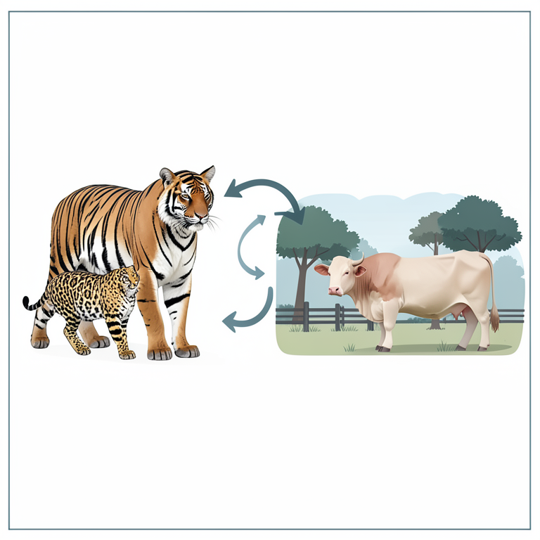 AI-generated conceptual illustration (Bengal tigers, Indian leopards, and domestic cattle in a fragmented forest landscape). It explains the idea and does not show study data.