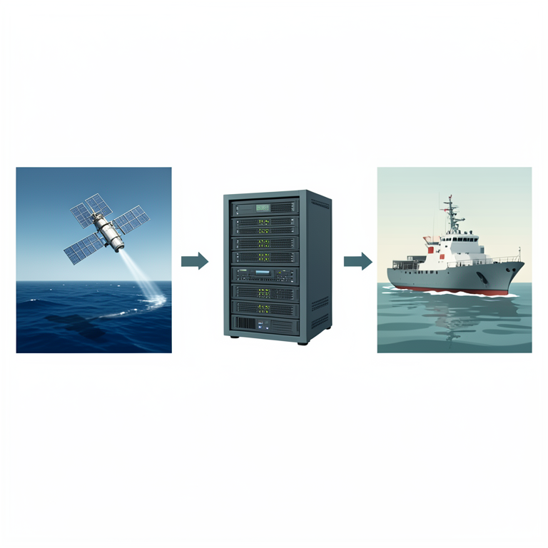 AI-generated conceptual illustration (Earth observation satellite, ocean surface with fishing vessels, and a data processing server). It explains the idea and does not show study data.