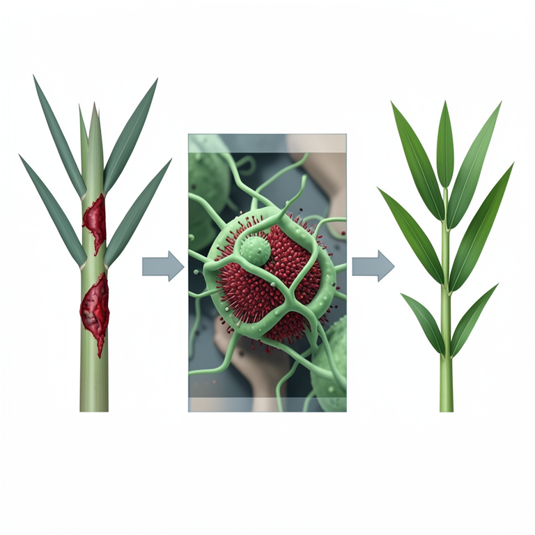 AI-generated conceptual illustration (Sugarcane plants and Colletotrichum falcatum fungi). It explains the idea and does not show study data.