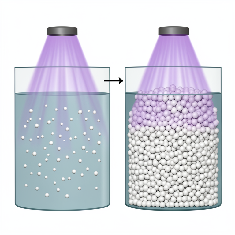 AI-generated conceptual illustration (titanium dioxide catalyst particles in an aqueous solution under UV light). It explains the idea and does not show study data.