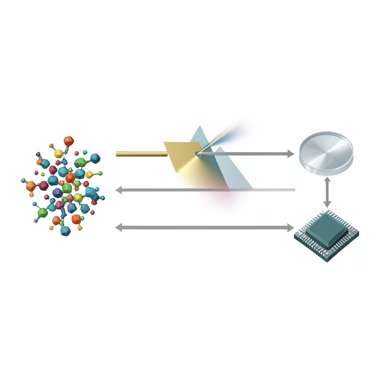 AI-generated conceptual illustration (chemical sensor components and pollutant molecules). It explains the idea and does not show study data.