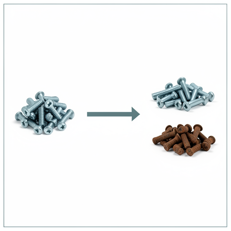AI-generated conceptual illustration (industrial manufactured metal bolts in a quality control setting). It explains the idea and does not show study data.