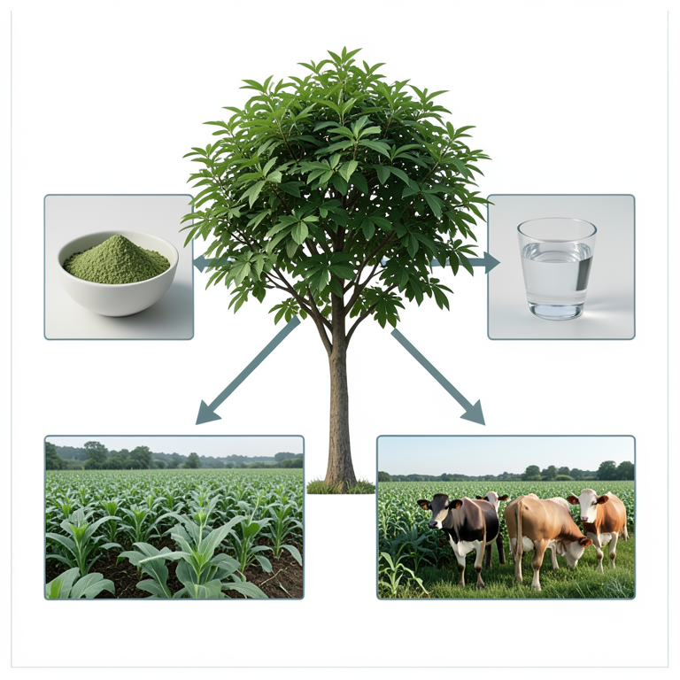 AI-generated conceptual illustration (Moringa oleifera tree). It explains the idea and does not show study data.
