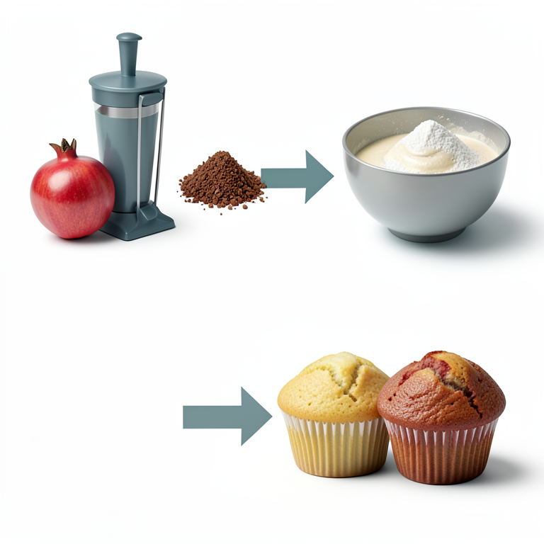 AI-generated conceptual illustration (pomegranate pomace and muffins). It explains the idea and does not show study data.