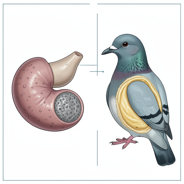 AI-generated conceptual illustration (European starling (Sturnus vulgaris) and rock pigeon (Columba livia) stomachs). It explains the idea and does not show study data.