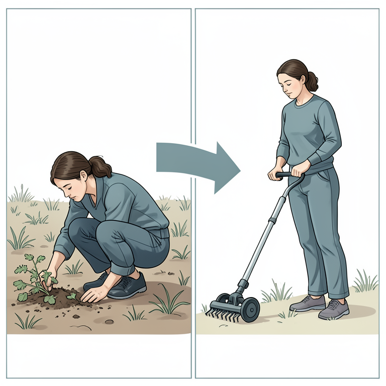 AI-generated conceptual illustration (farm women using weeding tools in a field). It explains the idea and does not show study data.