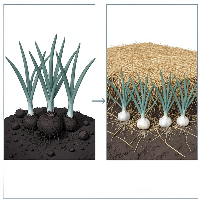 AI-generated conceptual illustration (garlic plants (Allium sativum) in soil with rice straw mulch). It explains the idea and does not show study data.
