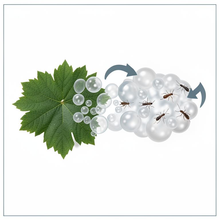 AI-generated conceptual illustration (Grape leaves and thrips). It explains the idea and does not show study data.