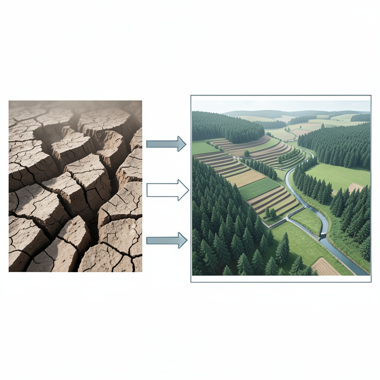 AI-generated conceptual illustration (Azerbaijani eroded landscapes with agricultural fields, forests, and irrigation channels). It explains the idea and does not show study data.