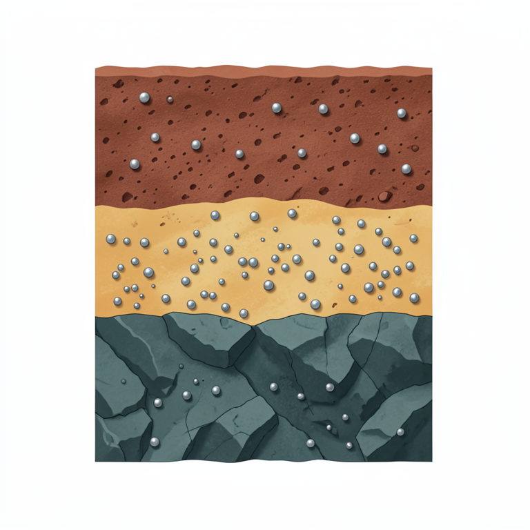 AI-generated conceptual illustration (lateritic weathering profile over greenstone bedrock). It explains the idea and does not show study data.