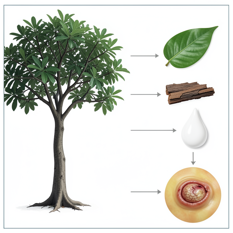 AI-generated conceptual illustration (Wrightia tinctoria tree). It explains the idea and does not show study data.
