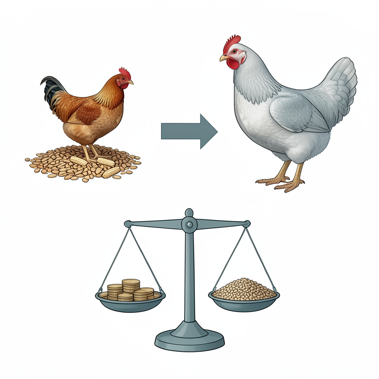 AI-generated conceptual illustration (indigenous chickens and local grain feed). It explains the idea and does not show study data.