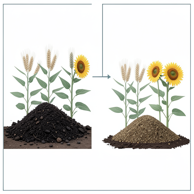 AI-generated conceptual illustration (wheat and sunflower plants in chernozem soil). It explains the idea and does not show study data.