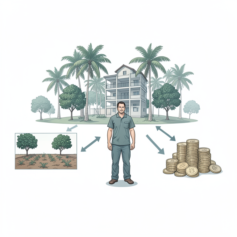 AI-generated conceptual illustration (coconut farmers in a multi-storeyed farming system). It explains the idea and does not show study data.