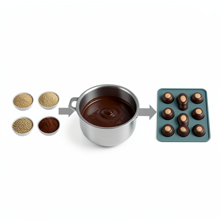 AI-generated conceptual illustration (finger millet, foxtail millet, cocoa powder, and chocolate molds). It explains the idea and does not show study data.