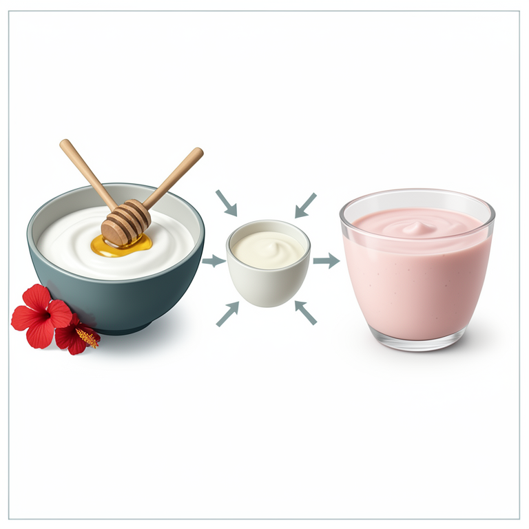 AI-generated conceptual illustration (Hibiscus flowers, honey, and thick strained yogurt (chakka)). It explains the idea and does not show study data.