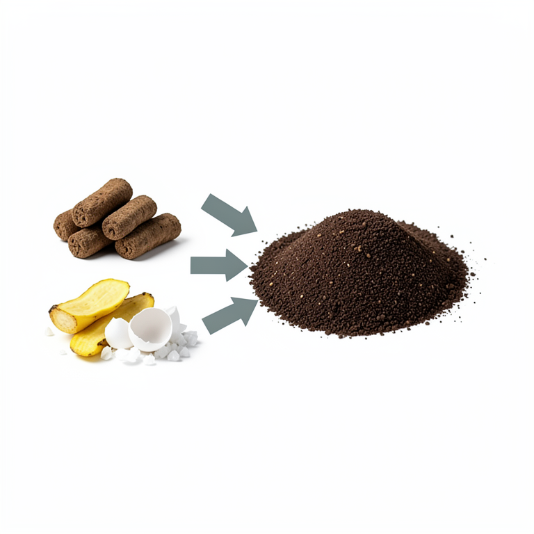 AI-generated conceptual illustration (cow dung cakes, banana peels, and crushed eggshells). It explains the idea and does not show study data.