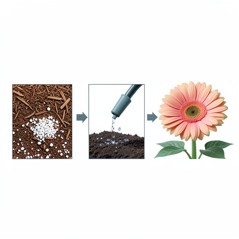 AI-generated conceptual illustration (Gerbera flowers in cocopeat and perlite growing media). It explains the idea and does not show study data.